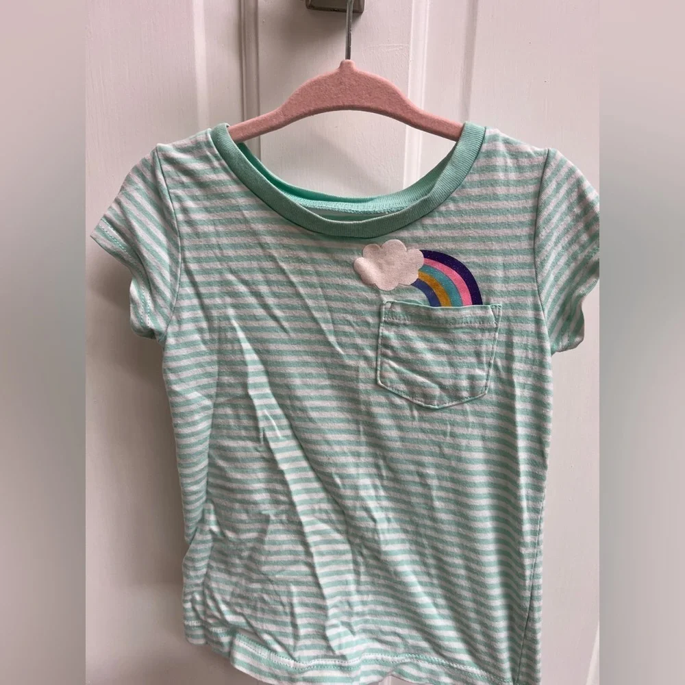 Carter’s 24M light Blue/Green and White Striped Short Sleeve Top with Rainbow